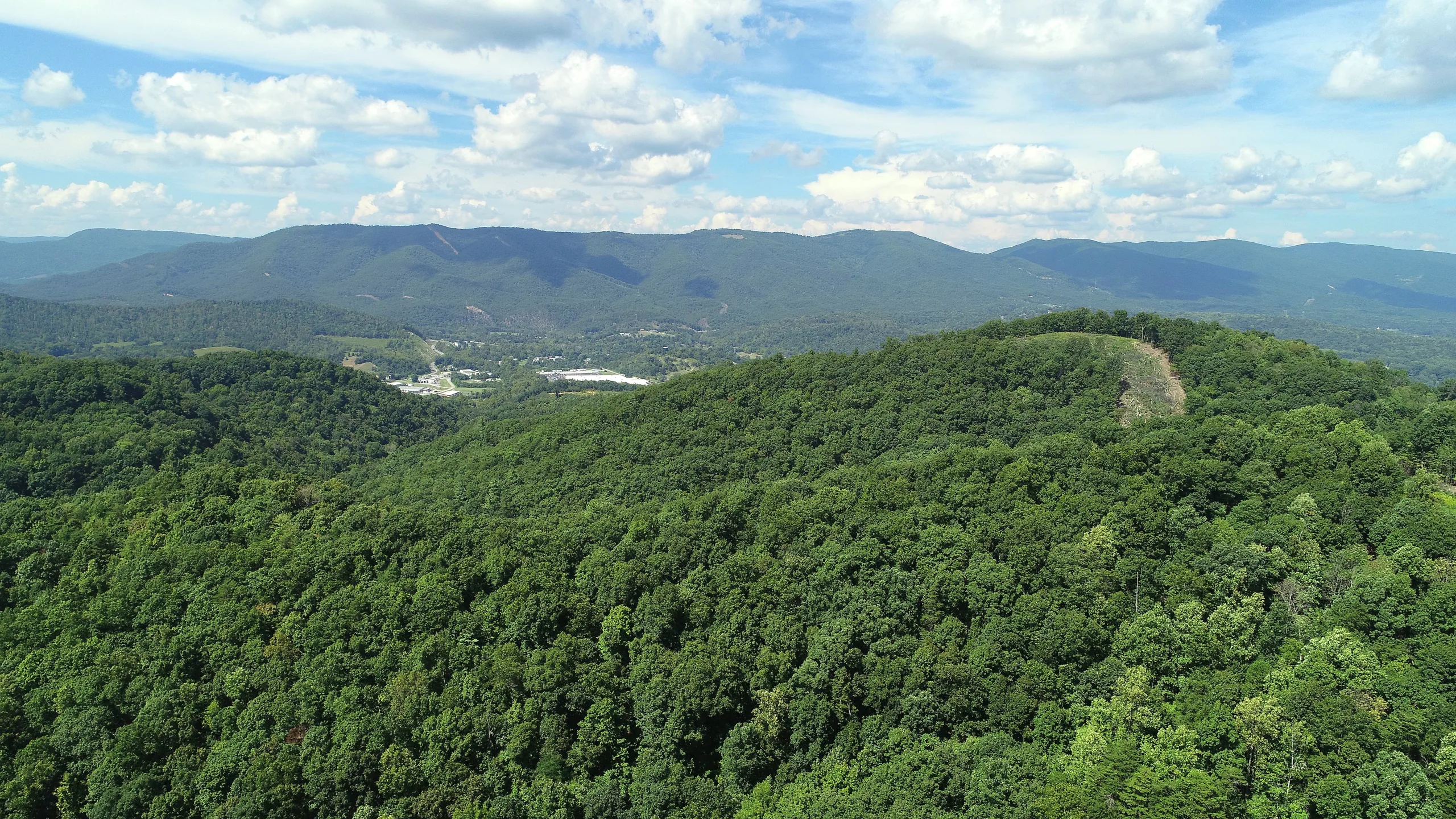 Aerial view of sustainably managed hardwood forests in Southwest Virginia, part of Turman Forest Products’ commitment to responsible forestry and high-quality lumber production.
