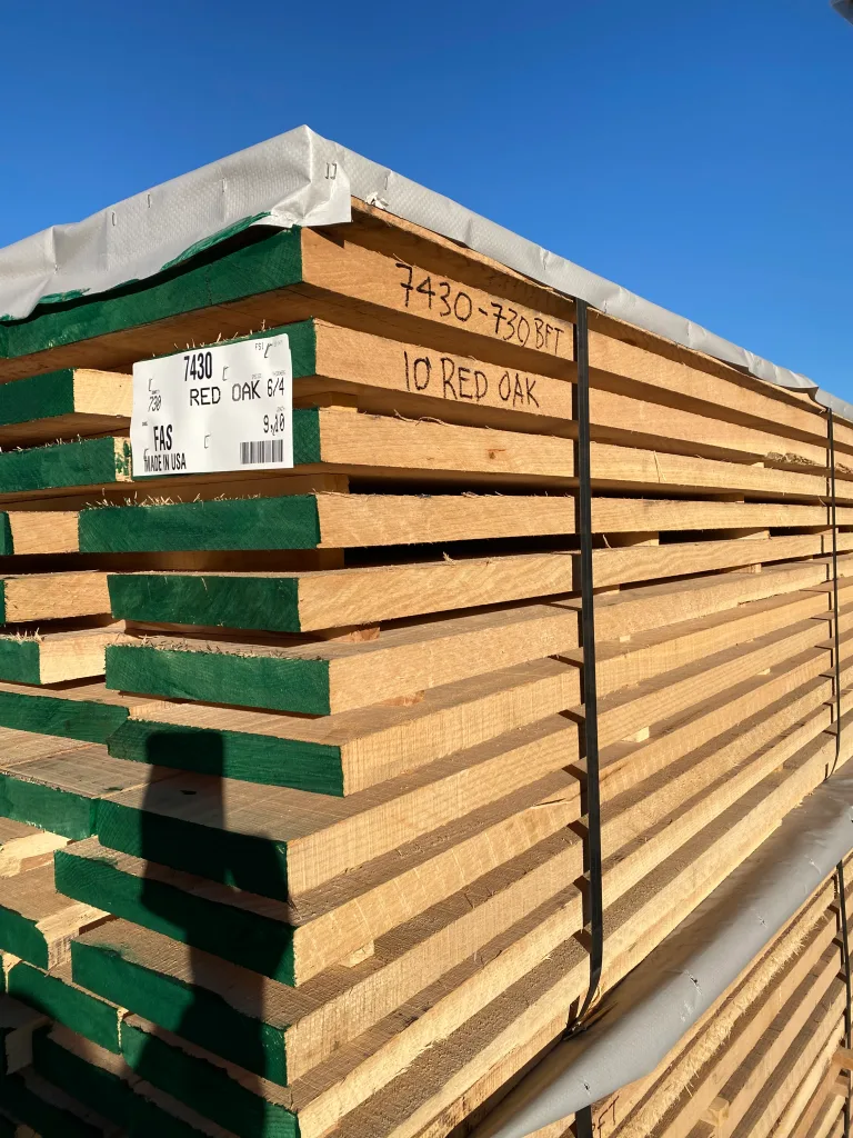 Bundle of ship dry red oak lumber stacked and sealed for export at Turman Forest Products facility in Virginia.