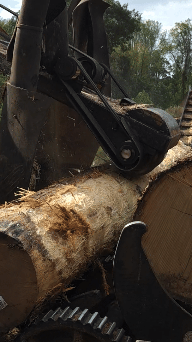 Debarker machine in motion at Turman Forest Products, efficiently removing bark from hardwood logs as part of the company’s sustainable lumber manufacturing process.