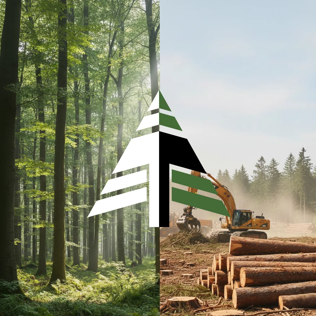 Digital graphic composition for Turman Forest Products featuring a split scene: a stylized sustainable forest on the left and timber harvesting machinery on the right, overlaid with The Turman Group logo.
