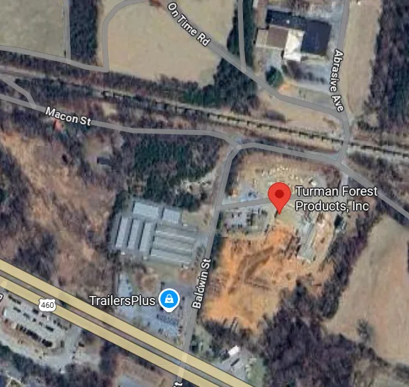 Satellite map view of Turman Forest Products hardwood sawmill in Bedford, VA. Illustrates the facility's large log yard and direct access to U.S. Route 460 for efficient log delivery and lumber shipping.